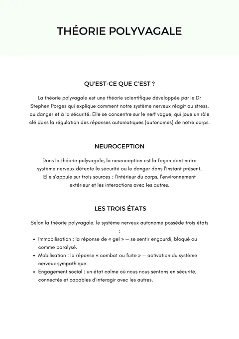 Feuilles de travail théorie polyvagale — aperçu du cahier PDF
