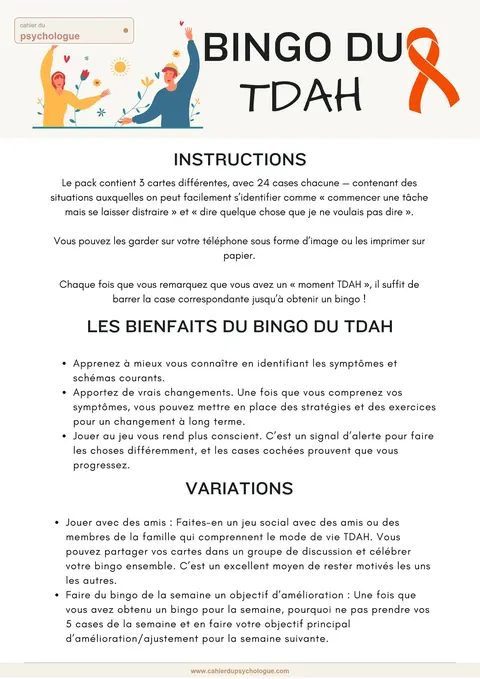 Bingo TDAH (style cartoon) — aperçu du cahier PDF