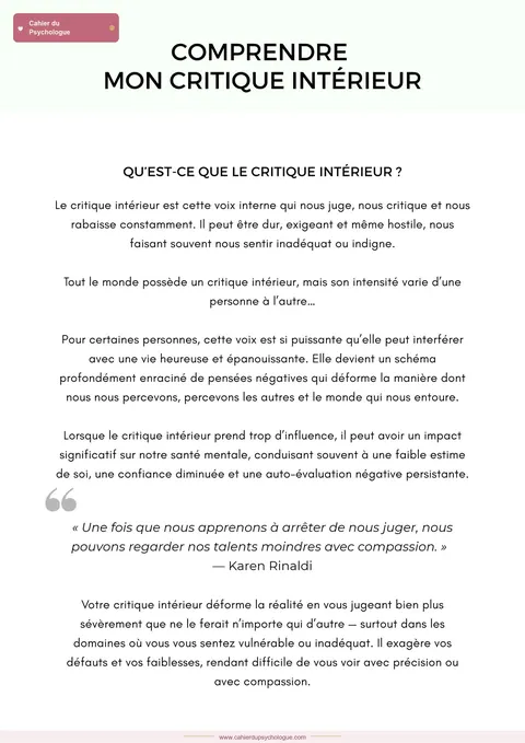 Fiches exercices critique intérieur — aperçu du cahier PDF