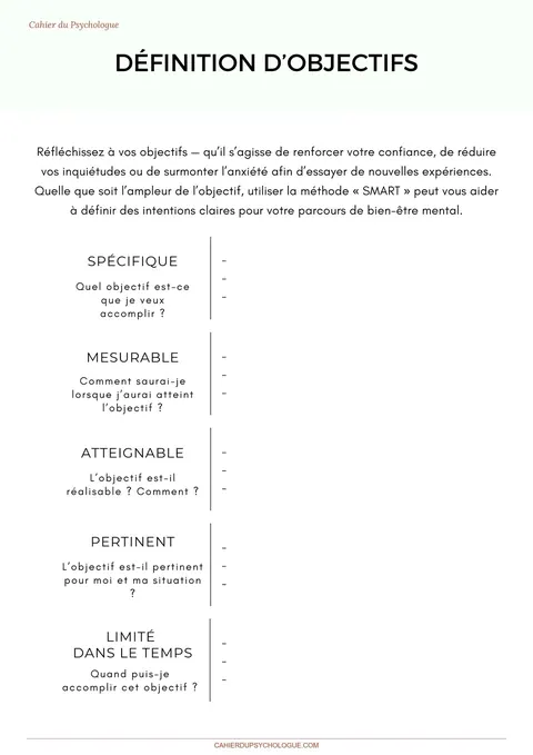 Feuilles définition d'objectifs — aperçu du cahier PDF