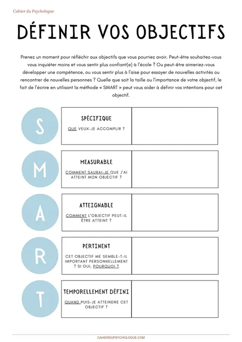Fiches objectifs SMART pour enfants — aperçu du cahier PDF