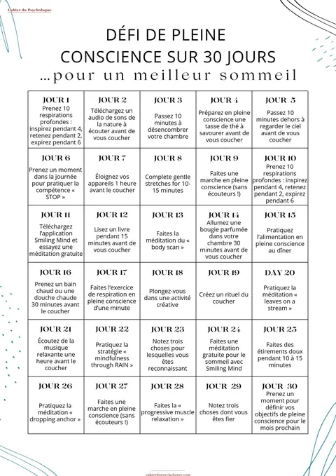 30 jours de pleine conscience pour le sommeil — aperçu du cahier PDF