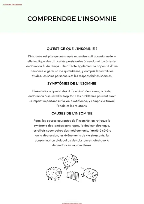 Cahier TCC pour l'insomnie — aperçu du cahier PDF
